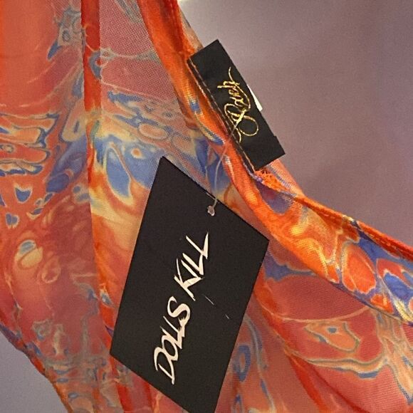 Dolls Kill X Rxch Orange Splash Mesh Thong Hyperpigmented One Shoulder Bodysuit - Picture 5 of 5